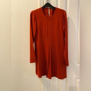 Zara Long Sleeved Drop Waist, Red Dress with Pleats